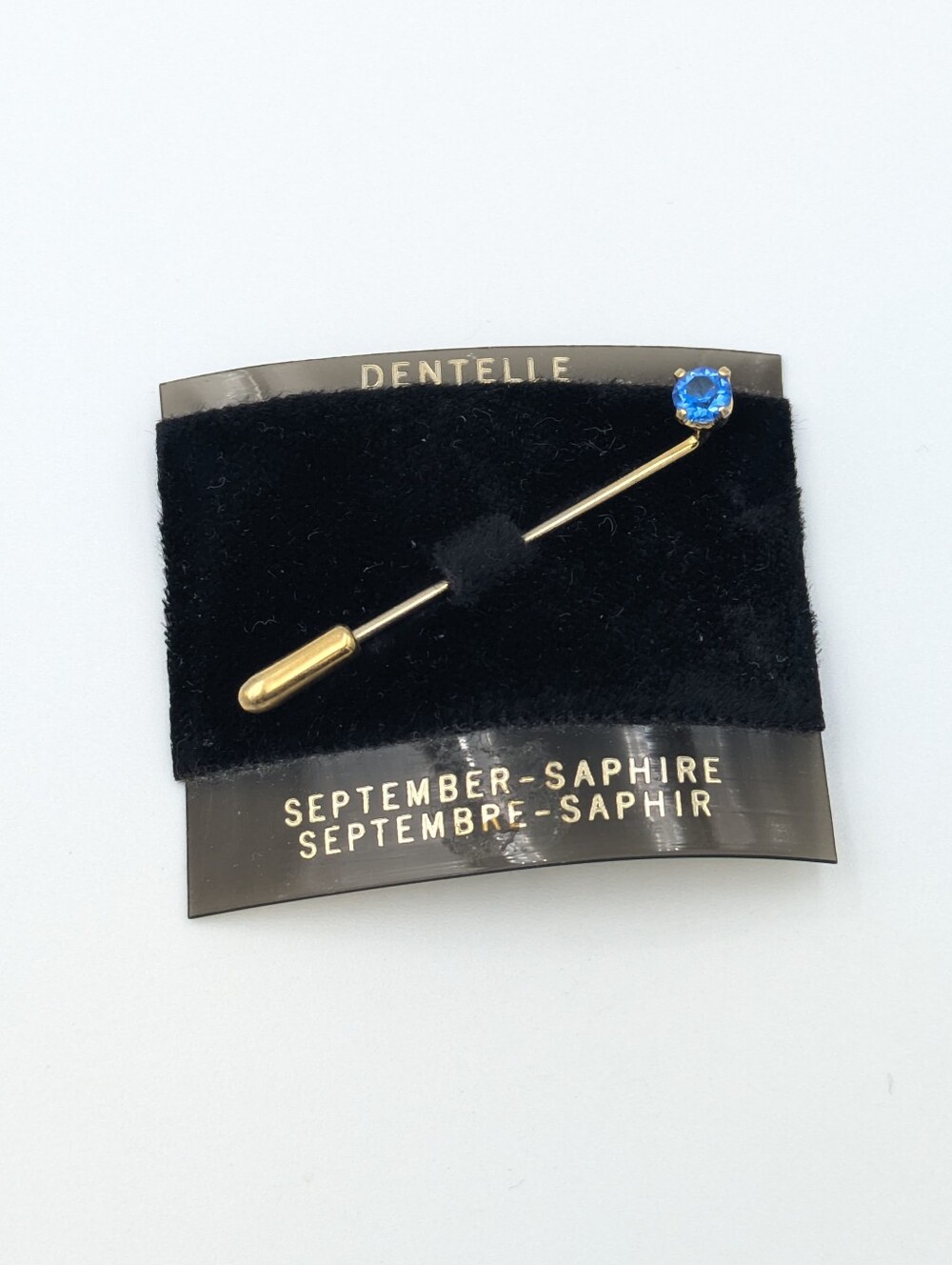 Vintage faux sapphire September gold tone stick pin